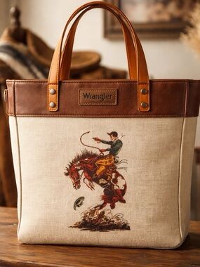 Wrangler Beige Canvas Tote with Brown Leather Trim and Rodeo Rider Print